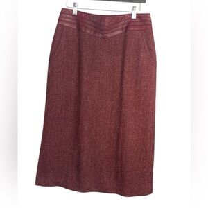 Bagatelle Vintage Wool & Leather Skirt, Cranberry, Fully Lined w Back Slit